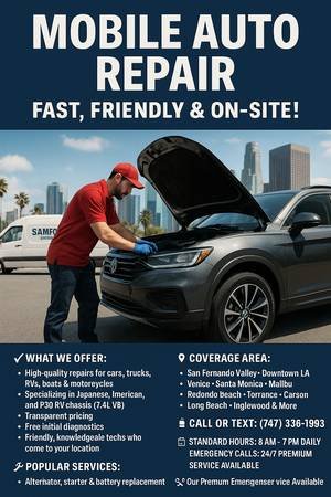 Mobile Auto Repair and Mechanic for RV, Boat, and Motorcycles (All Areas)
